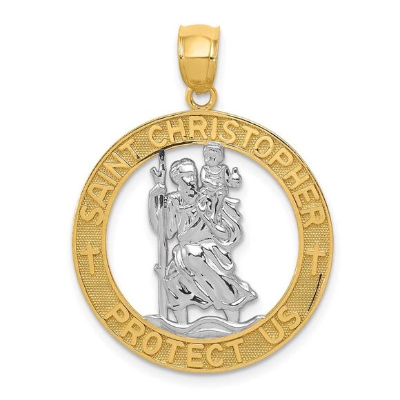 14k Yellow Gold & White Rhodium Plated St Christopher Pendant 23mm